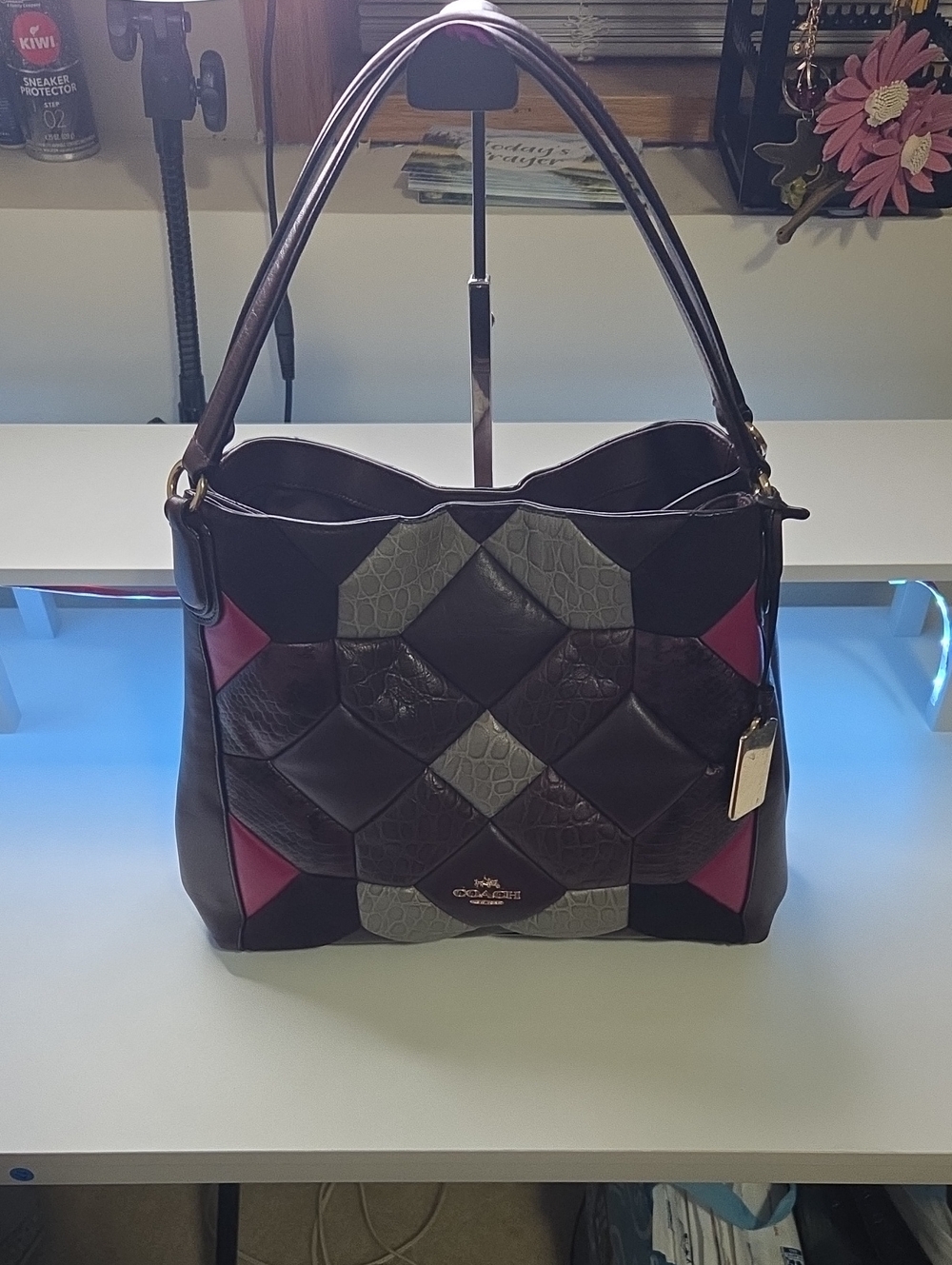Coach Edie 31 Patchwork Leather Shoulder Bag - Plum, Gray & Magenta Accents